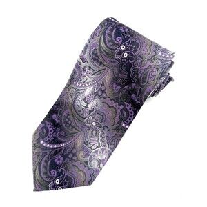 Corsini Men's Silk Tie Purple Grey Paisley Jacquard Woven Designer Necktie